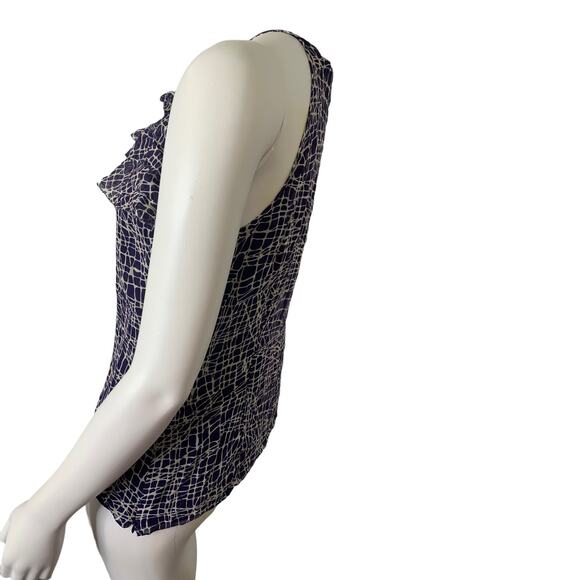 Ann Taylor sleeveless flounce ruffle blouse blue white pattern silk Medium - Picture 3 of 8